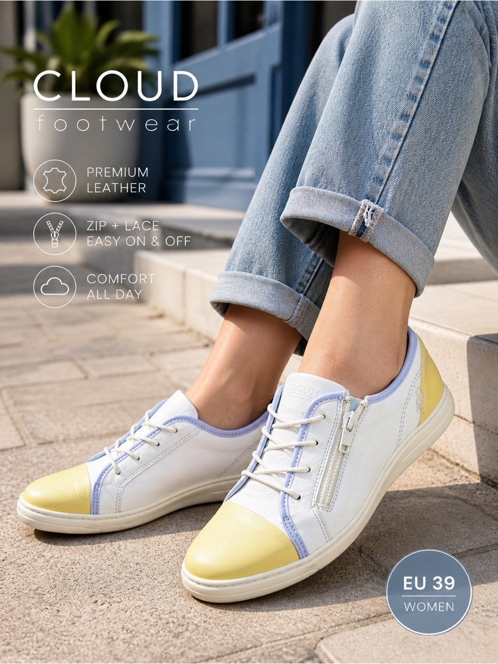 Cloud Footwear Fedra Leather Sneakers Zip Lace White Yellow EU 39 Women